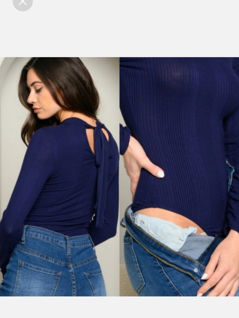 Ribbed Size Large Tie-Back Long Sleeve Bodysuit/Top - Navy